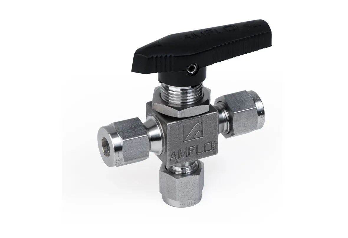 Шаровой кран AMFLO, SS-BV11,  угловой, нержавеющий SS316L, 206 bar, 2-х портовый / Ball valve SS-BV11 two elbow ports